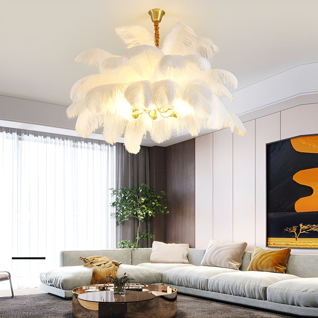 Modern Nordic Feather Chandelier Copper Semi Flush Mount Ceiling Light for Bedroom and Living Room