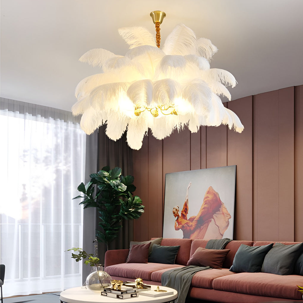 Modern Nordic Feather Chandelier Copper Semi Flush Mount Ceiling Light for Bedroom and Living Room