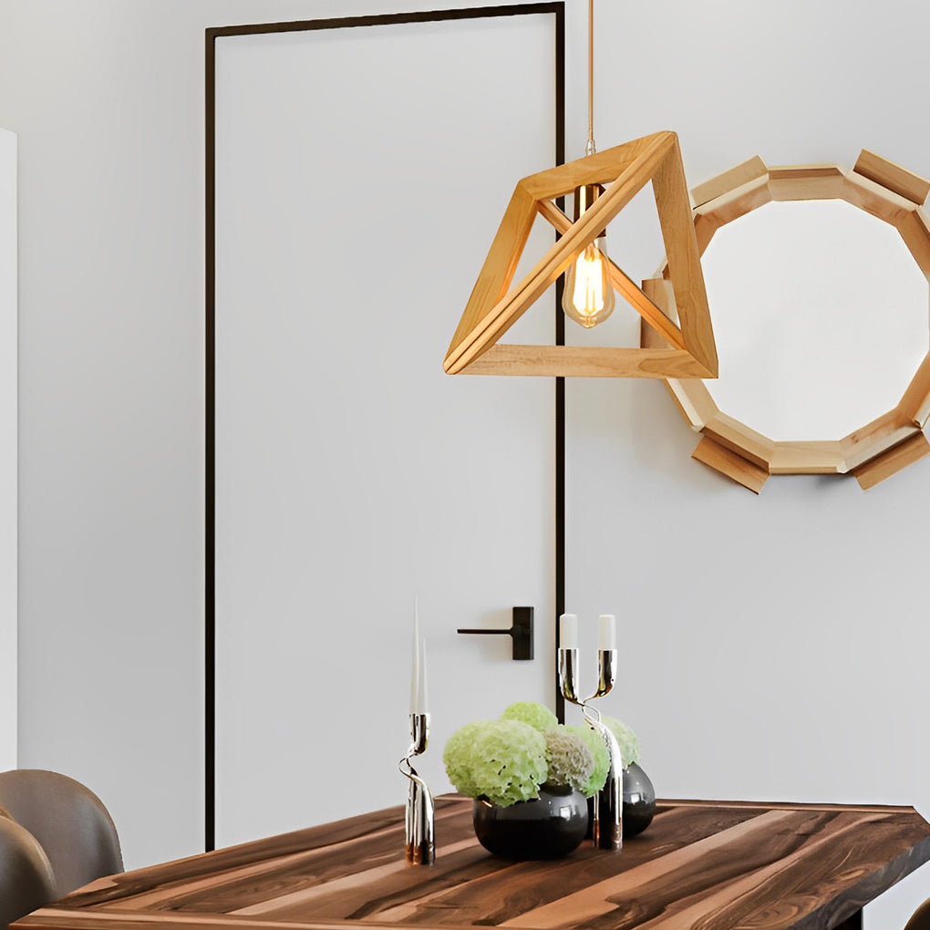 Modern Nordic Geometric Wood Frame Hanging Pendant Light Minimalist Art Chandelier