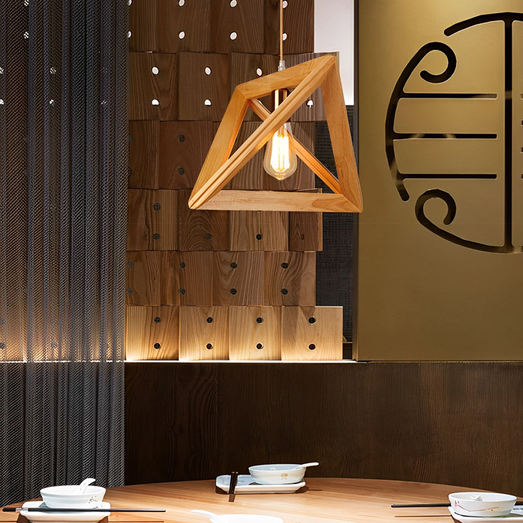 Modern Nordic Geometric Wood Frame Hanging Pendant Light Minimalist Art Chandelier