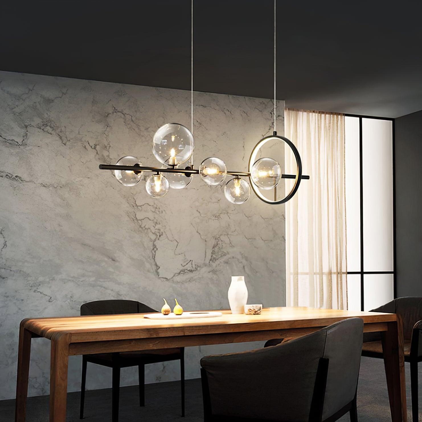 Modern Nordic Glass Bubble Chandelier with Integrated LED Ring and Black Linear Frame