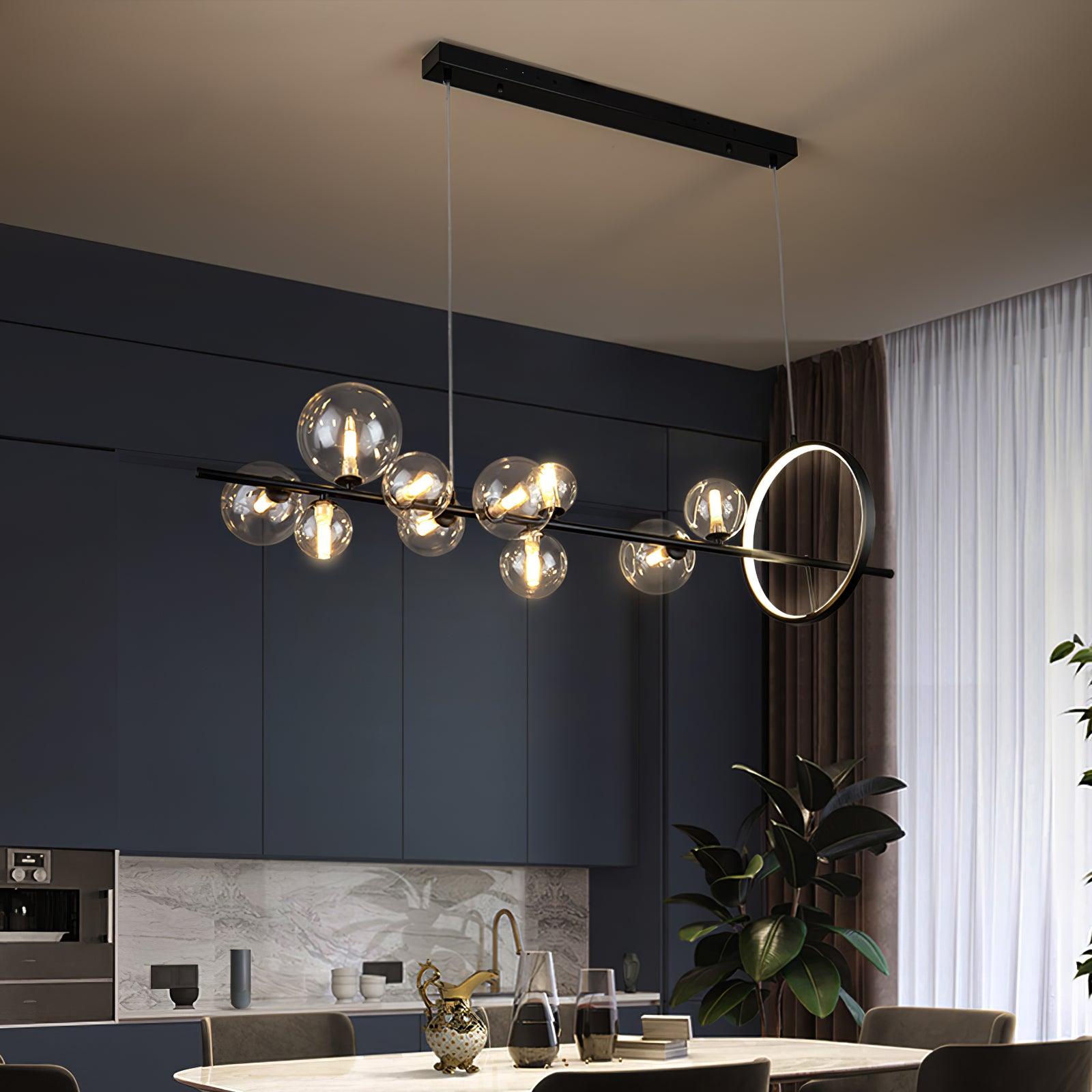 Modern Nordic Glass Bubble Chandelier with Integrated LED Ring and Black Linear Frame