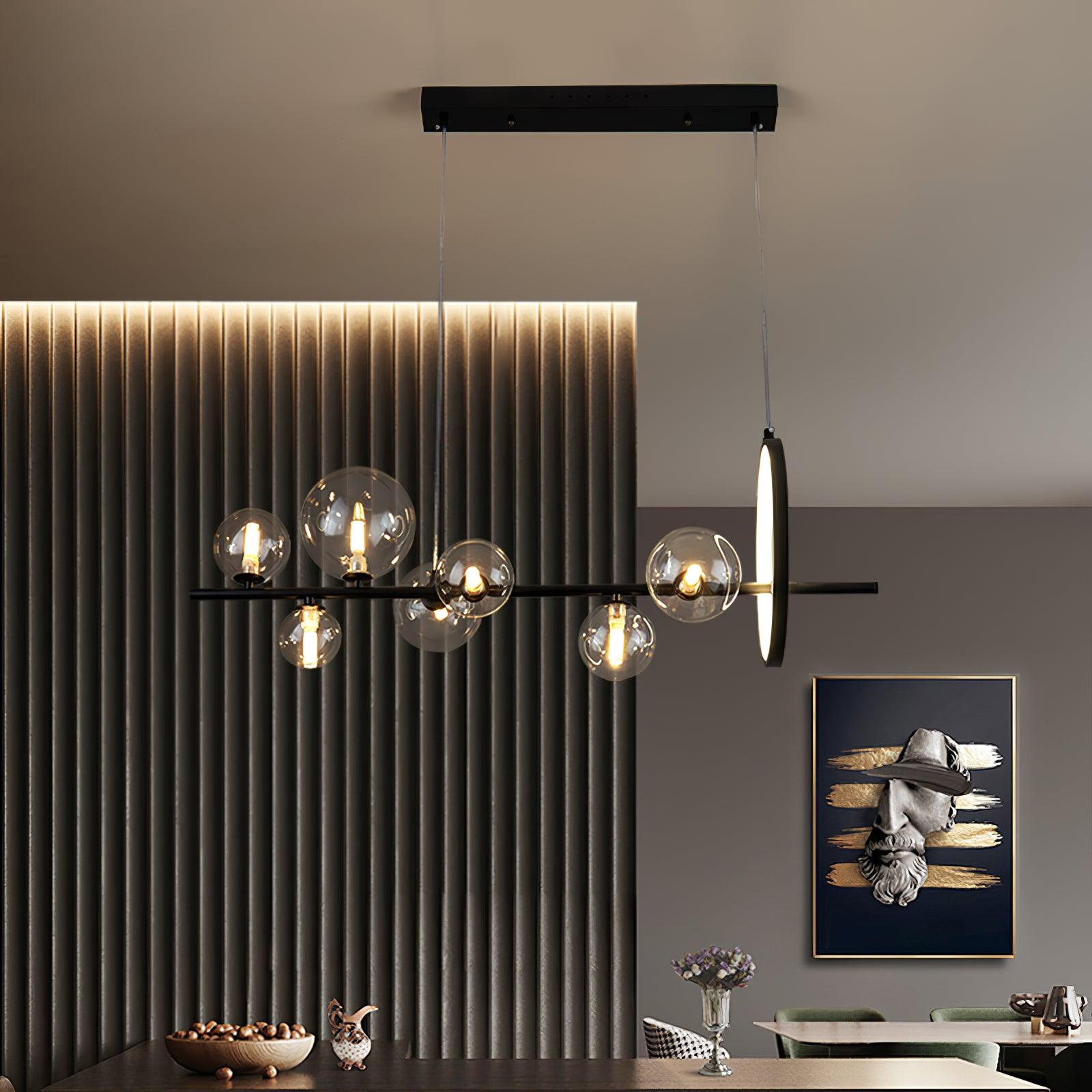 Modern Nordic Glass Bubble Chandelier with Integrated LED Ring and Black Linear Frame