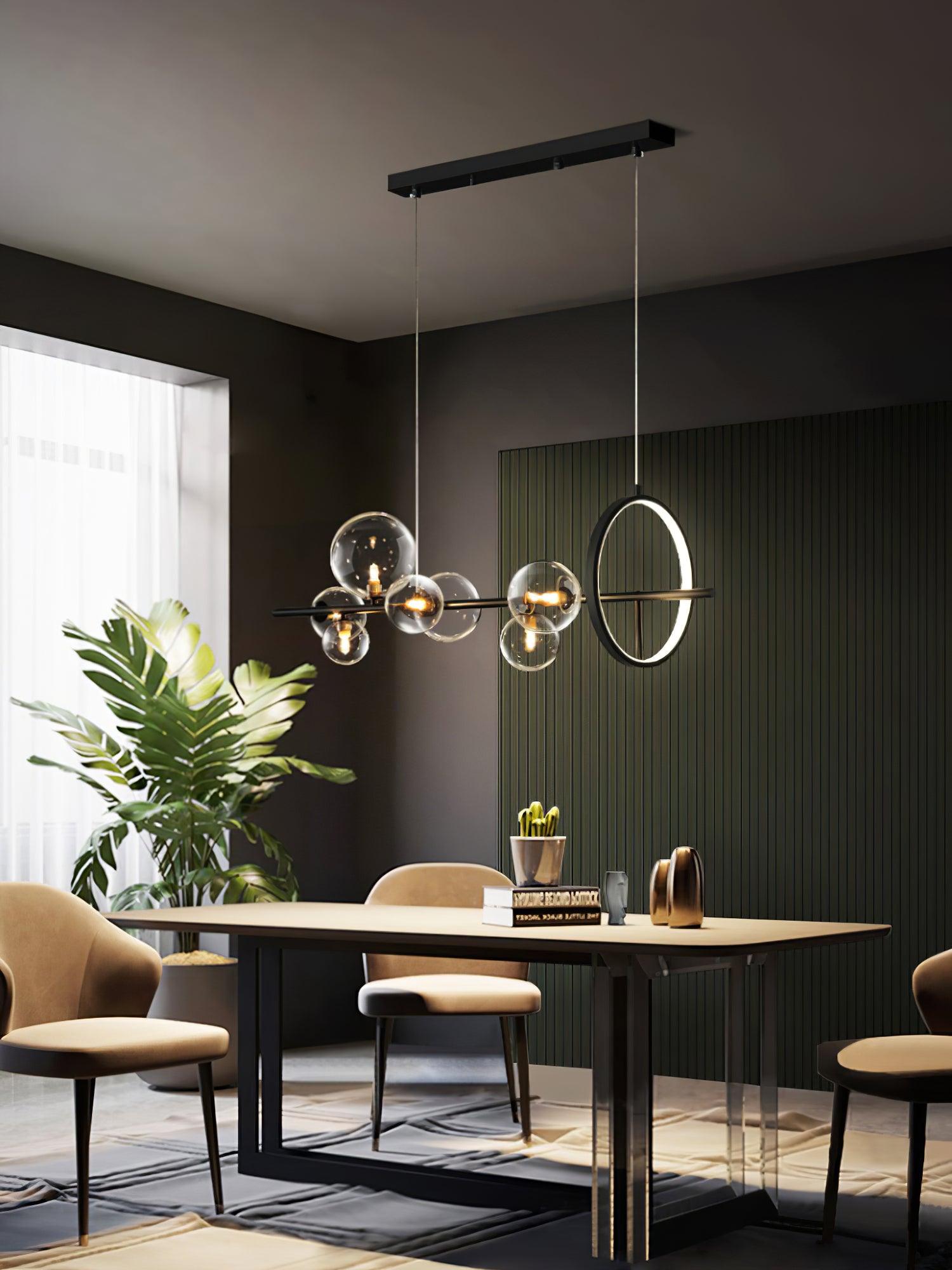 Modern Nordic Glass Bubble Chandelier with Integrated LED Ring and Black Linear Frame