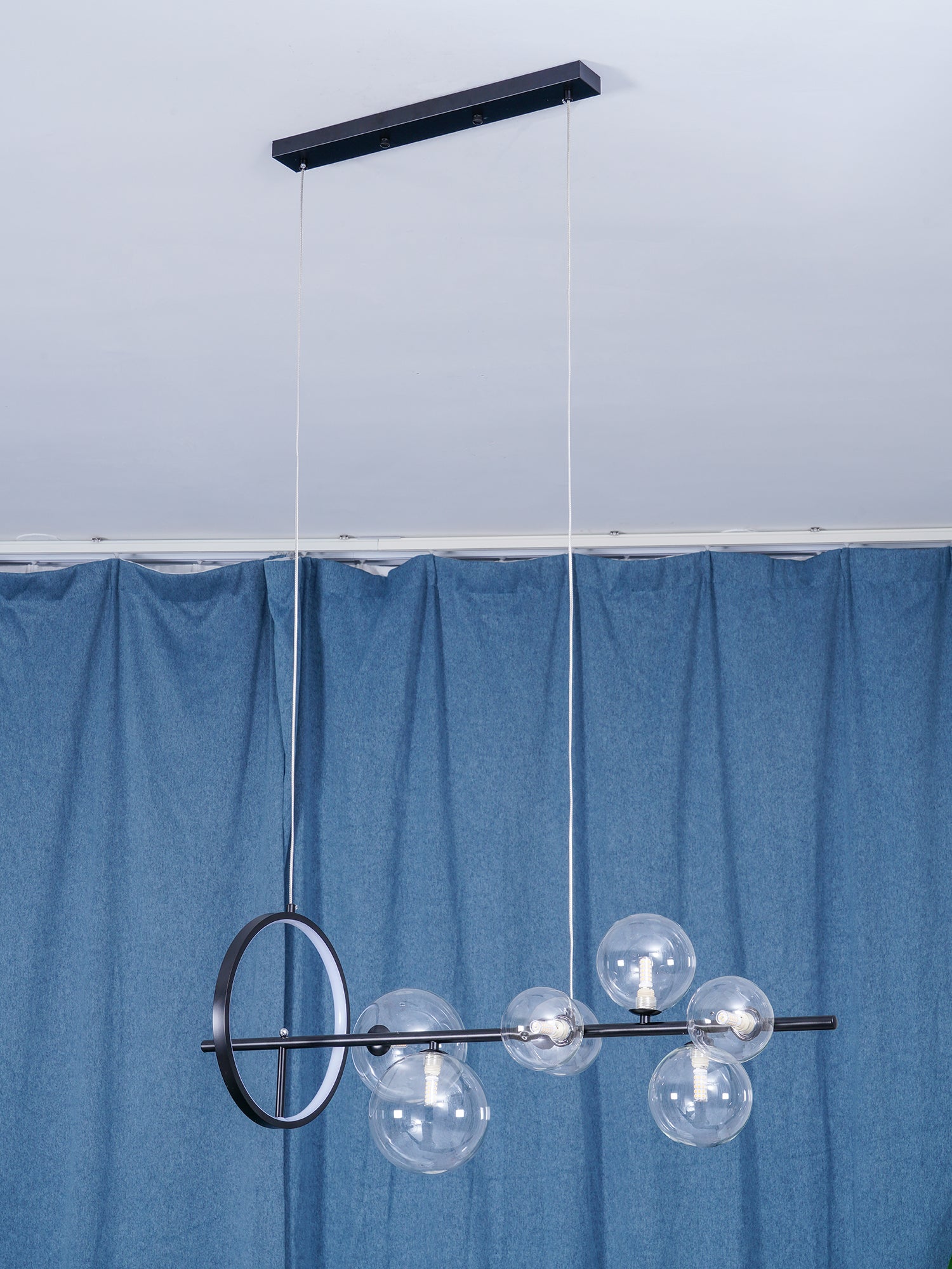 Modern Nordic Glass Bubble Chandelier with Integrated LED Ring and Black Linear Frame