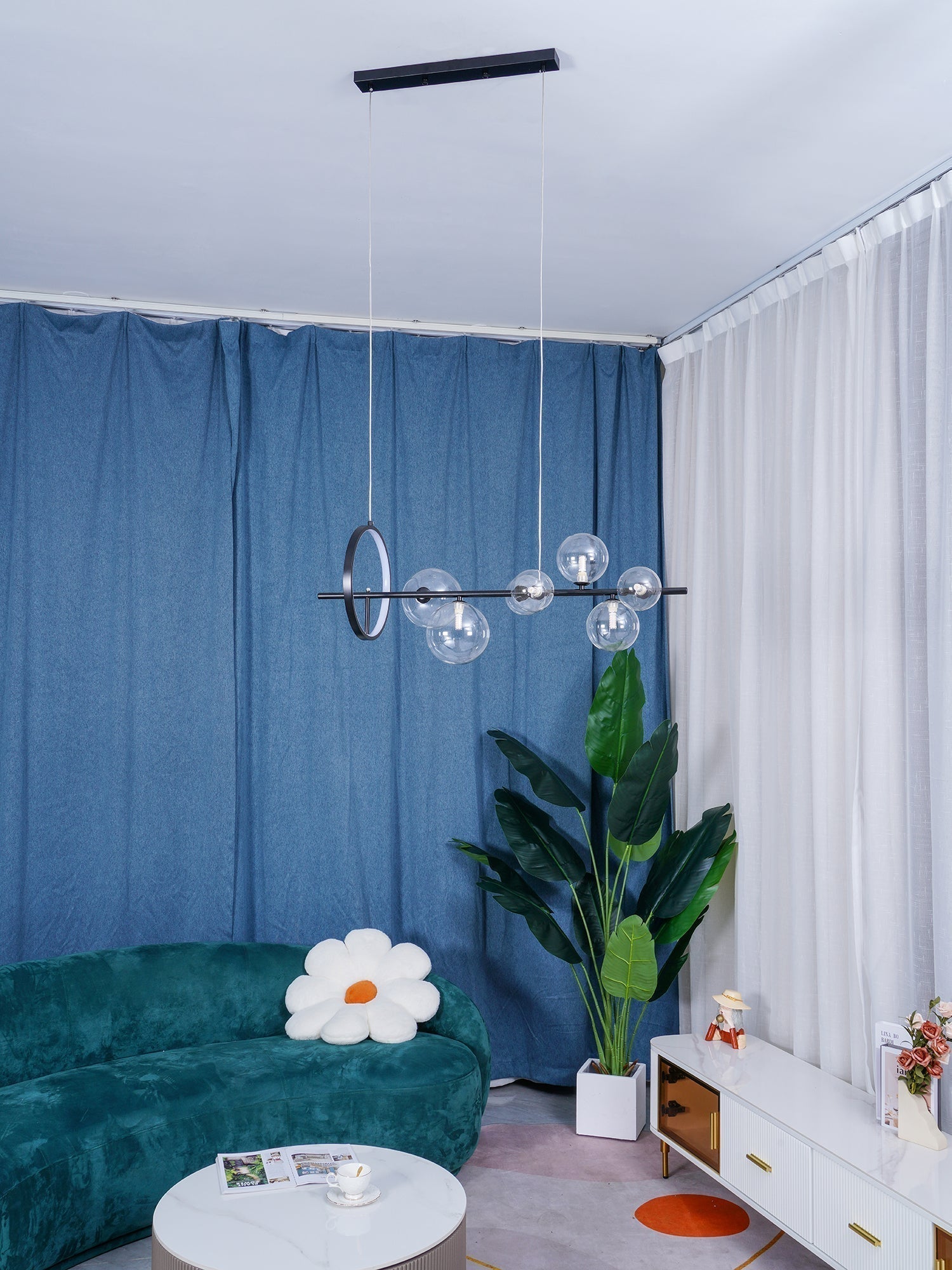 Modern Nordic Glass Bubble Chandelier with Integrated LED Ring and Black Linear Frame