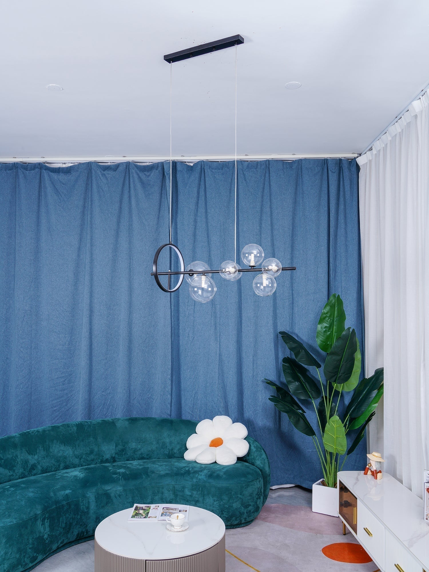 Modern Nordic Glass Bubble Chandelier with Integrated LED Ring and Black Linear Frame