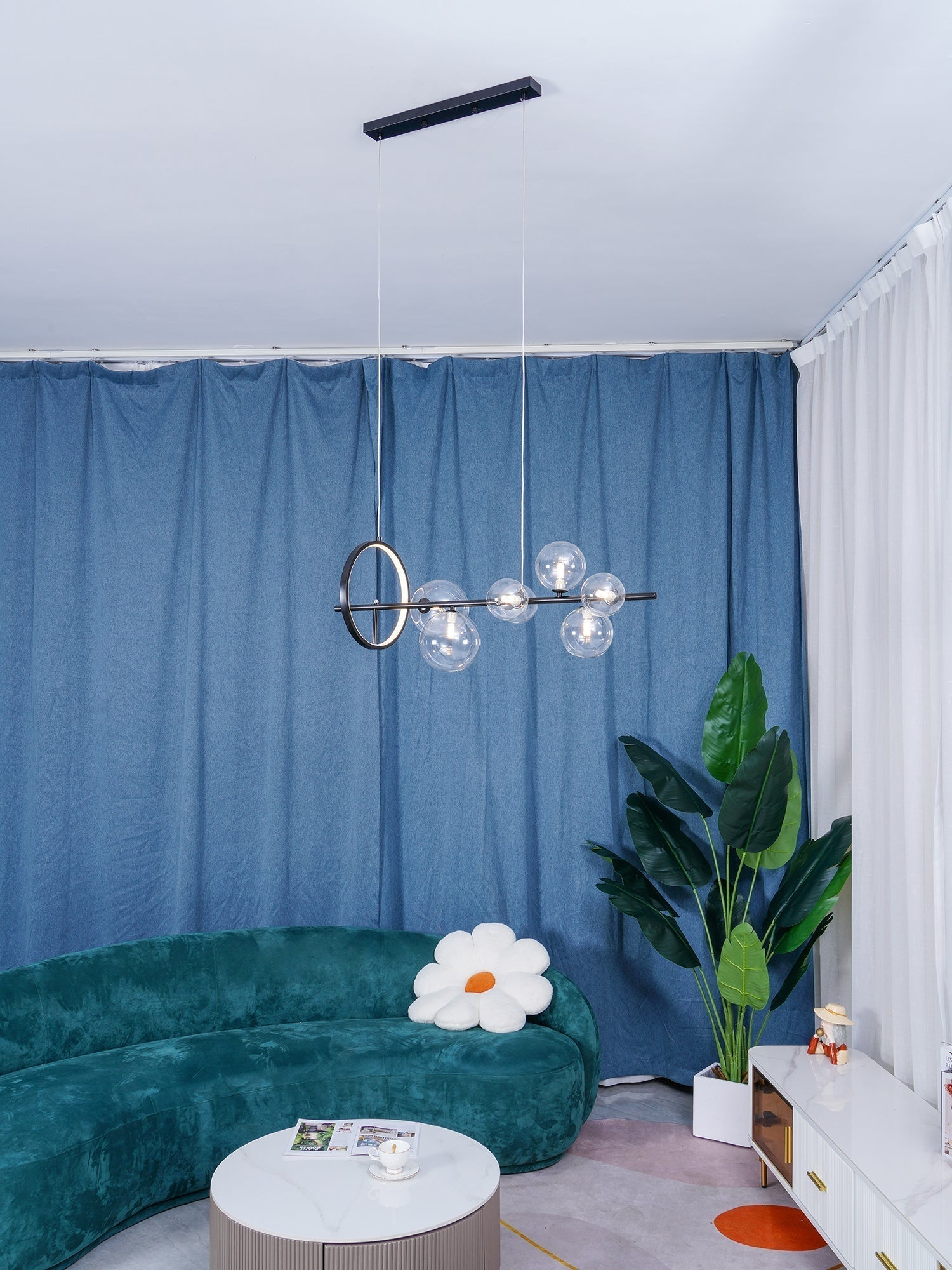 Modern Nordic Glass Bubble Chandelier with Integrated LED Ring and Black Linear Frame