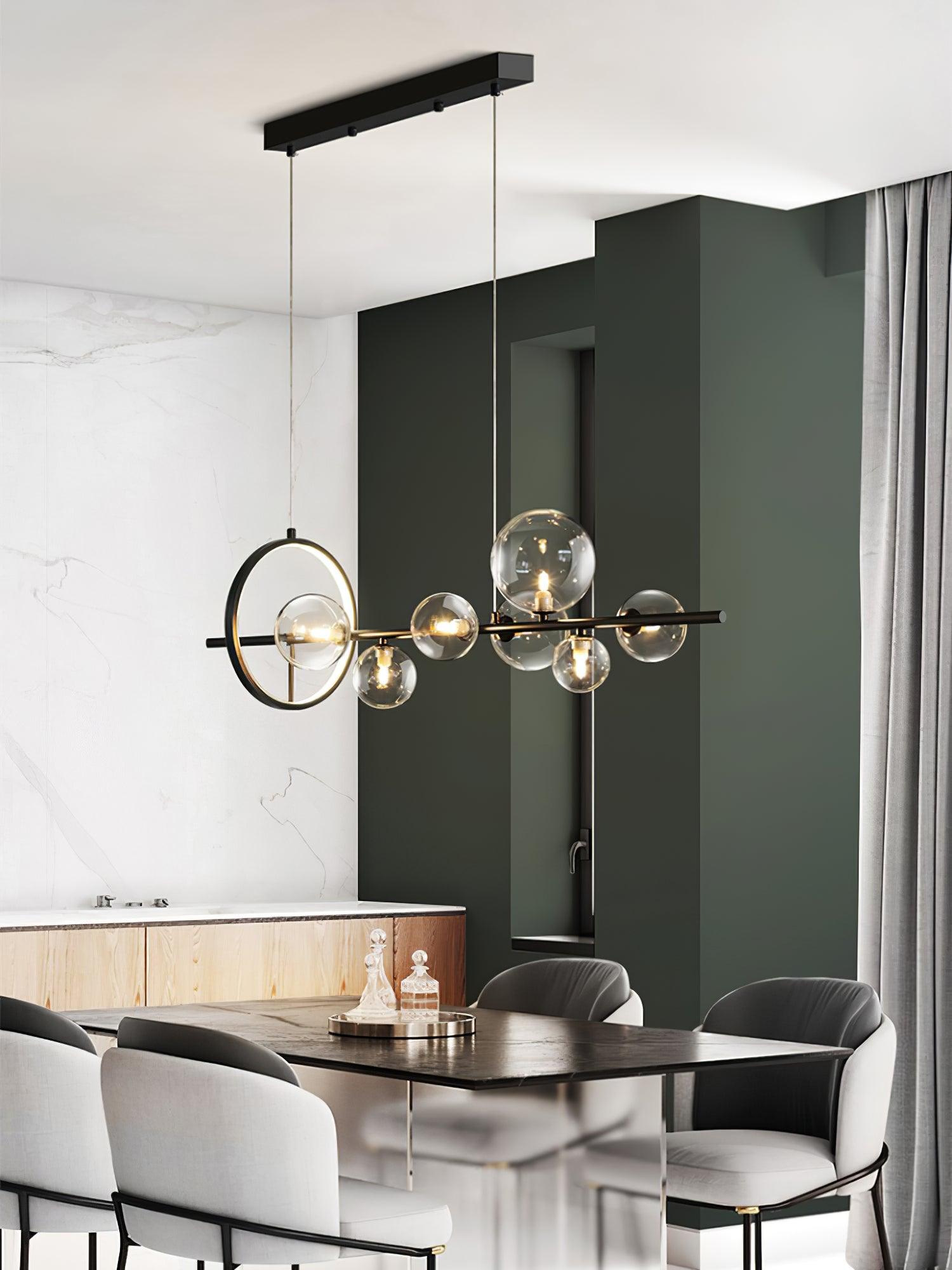 Modern Nordic Glass Bubble Chandelier with Integrated LED Ring and Black Linear Frame