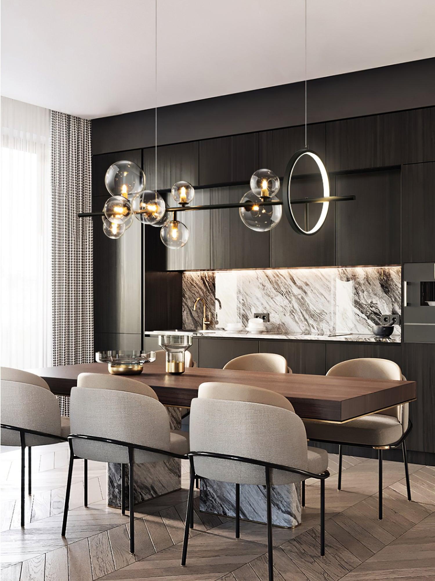 Modern Nordic Glass Bubble Chandelier with Integrated LED Ring and Black Linear Frame