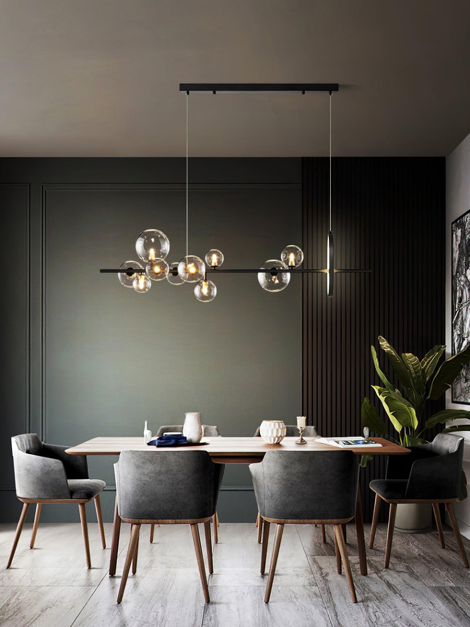 Modern Nordic Glass Bubble Chandelier with Integrated LED Ring and Black Linear Frame