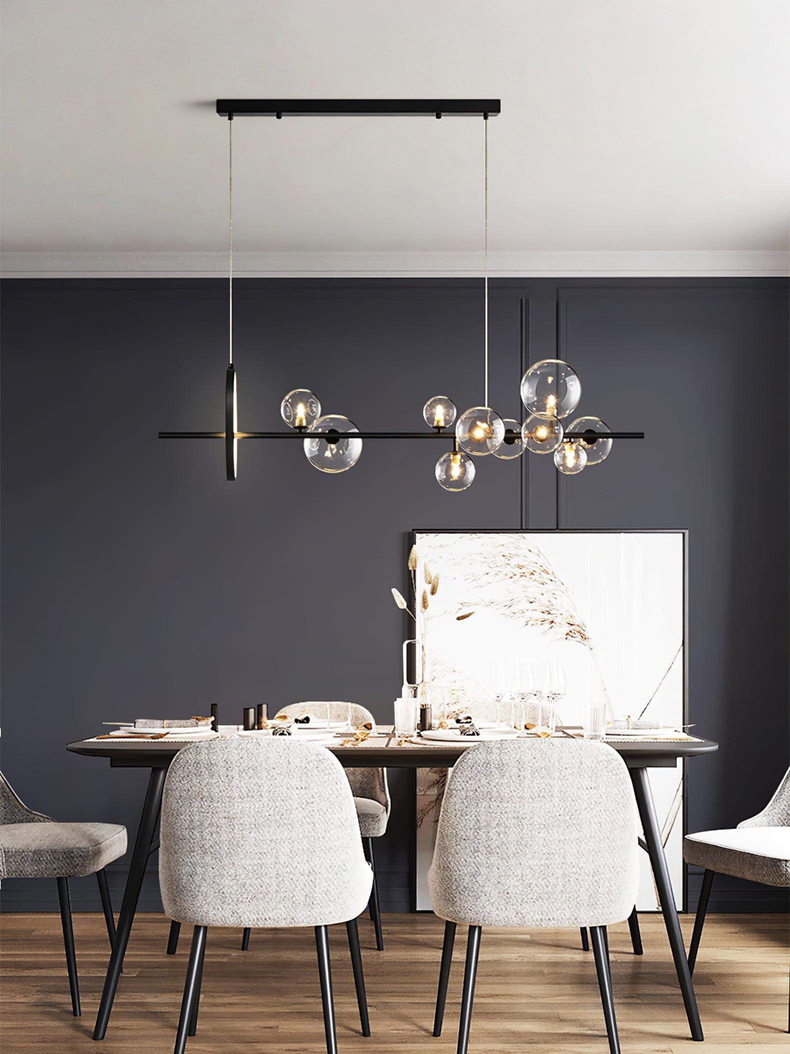 Modern Nordic Glass Bubble Chandelier with Integrated LED Ring and Black Linear Frame