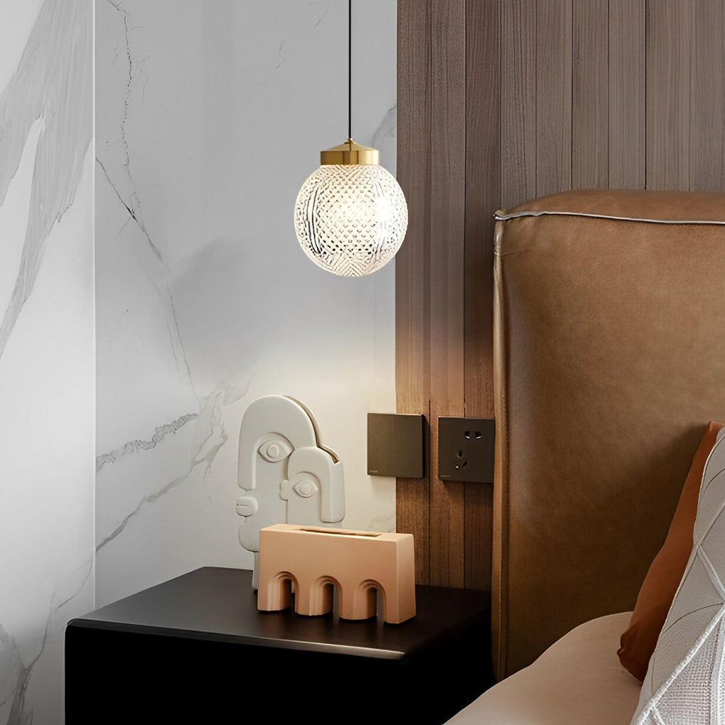 Modern Nordic Patterned Glass Globe Pendant Light Brass Round Ball Hanging Lamp for Bedside