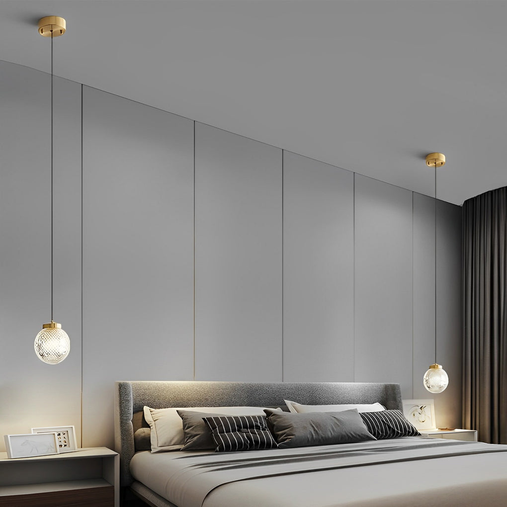 Modern Nordic Patterned Glass Globe Pendant Light Brass Round Ball Hanging Lamp for Bedside