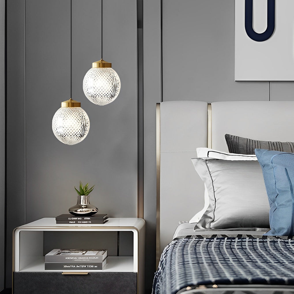 Modern Nordic Patterned Glass Globe Pendant Light Brass Round Ball Hanging Lamp for Bedside