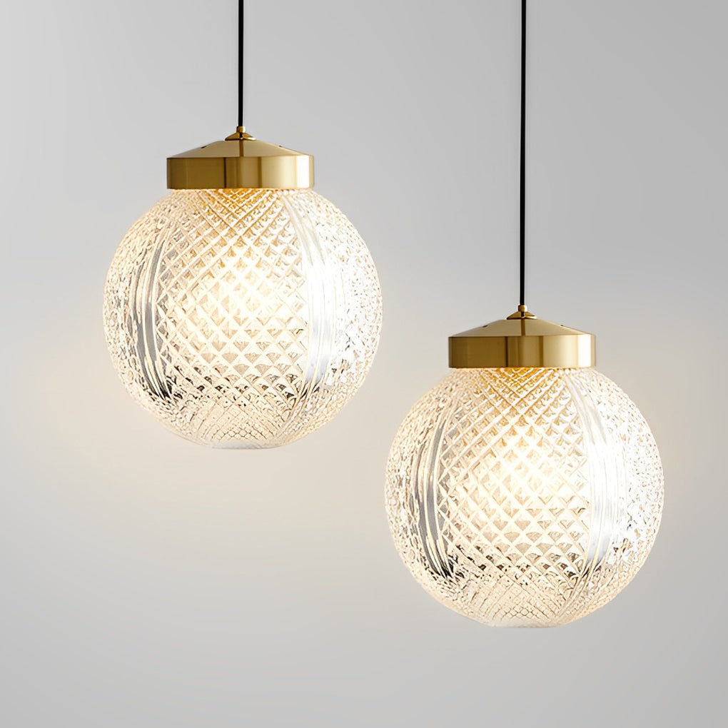 Modern Nordic Patterned Glass Globe Pendant Light Brass Round Ball Hanging Lamp for Bedside