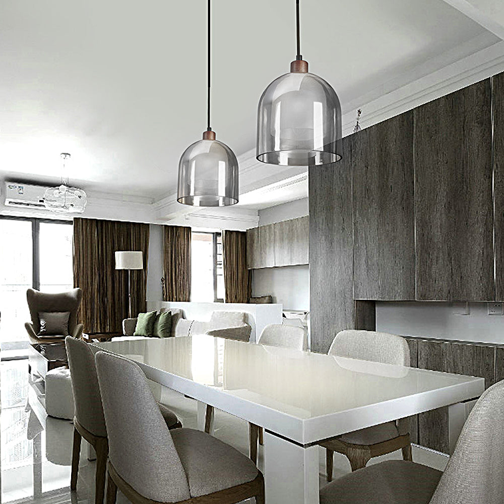 Modern Nordic Pendant Light with Double Glass Shade and Brown Wood Accents for Bedroom and Dining Room