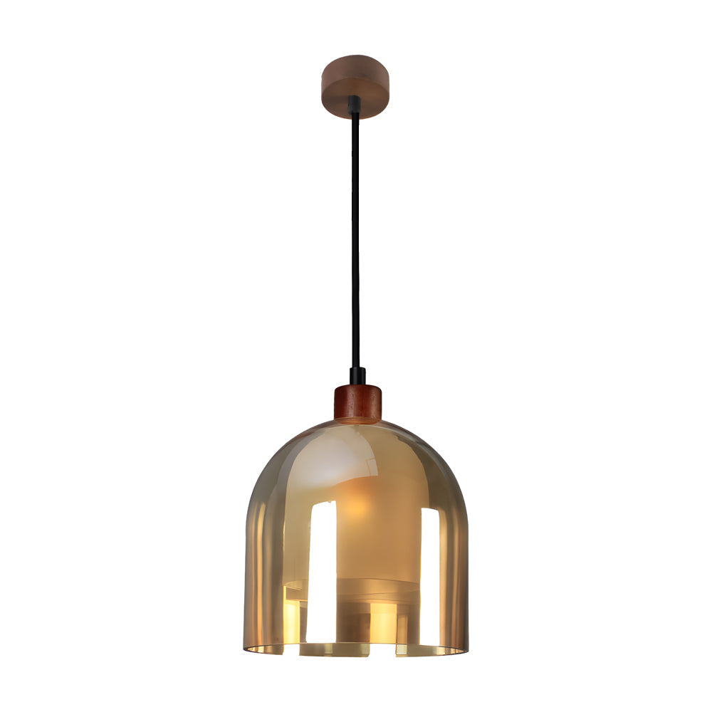 Modern Nordic Pendant Light with Double Glass Shade and Brown Wood Accents for Bedroom and Dining Room