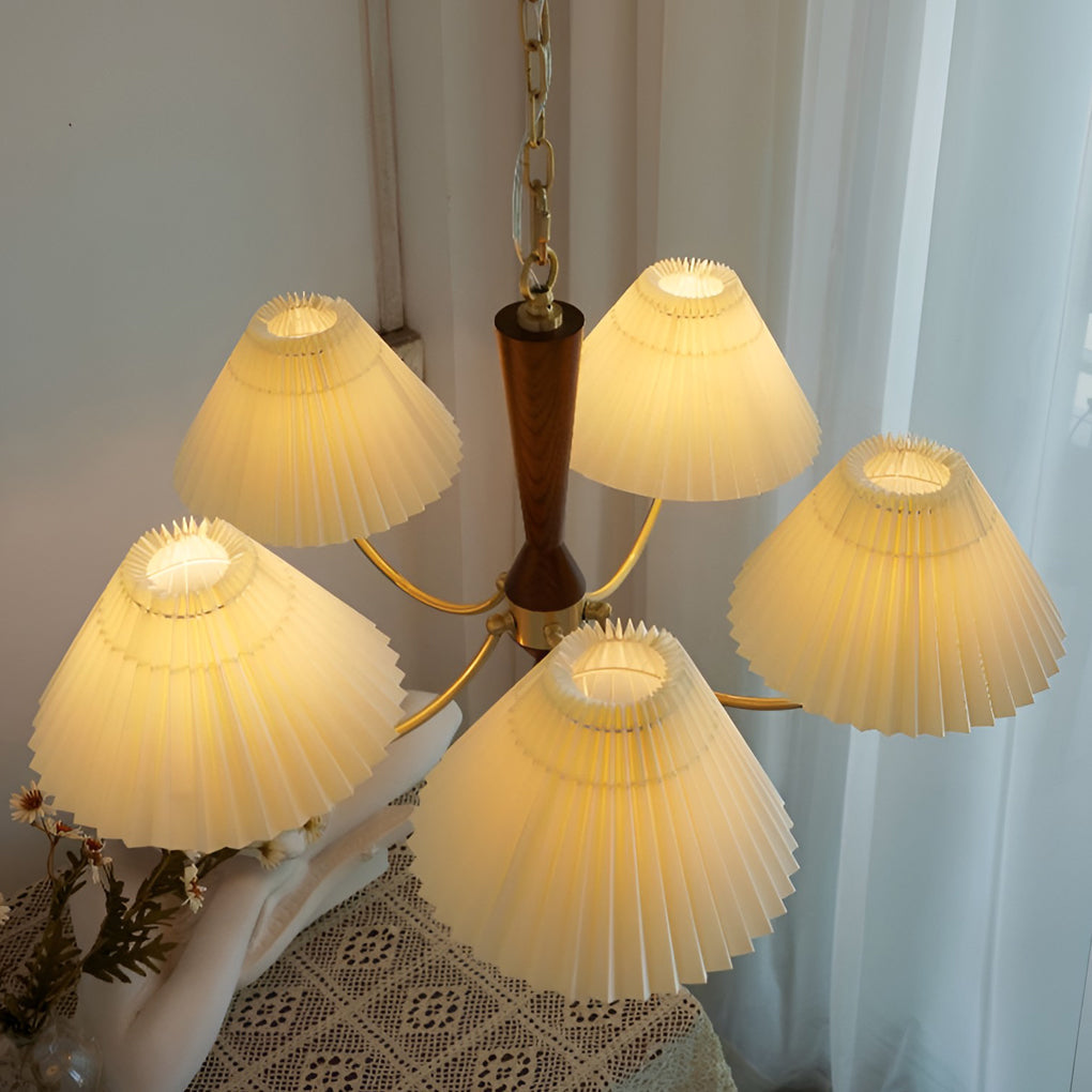 Modern Nordic Pleated Chandelier 3 Light Walnut Wood Pendant Ceiling Fixture for Dining Room