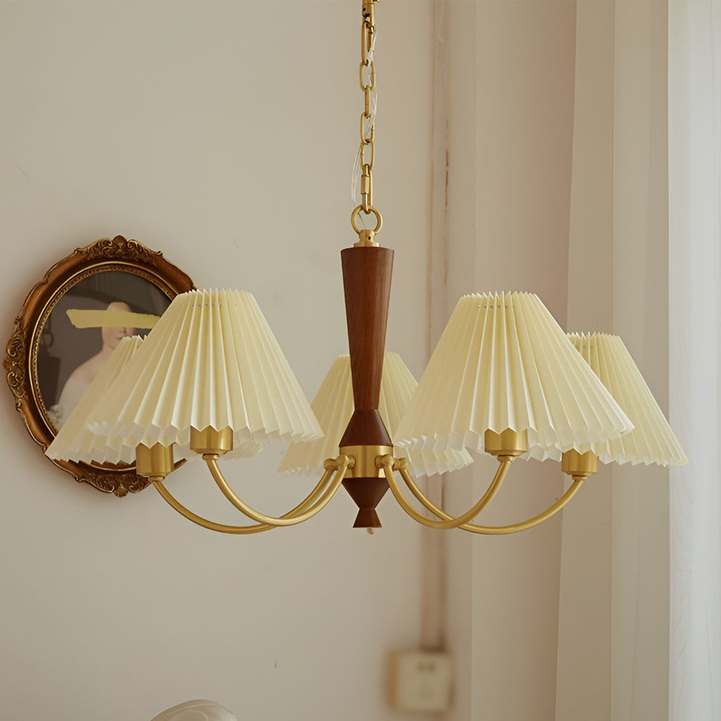Modern Nordic Pleated Chandelier 3 Light Walnut Wood Pendant Ceiling Fixture for Dining Room