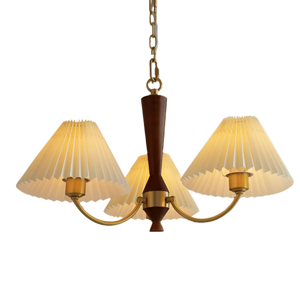 Modern Nordic Pleated Chandelier 3 Light Walnut Wood Pendant Ceiling Fixture for Dining Room
