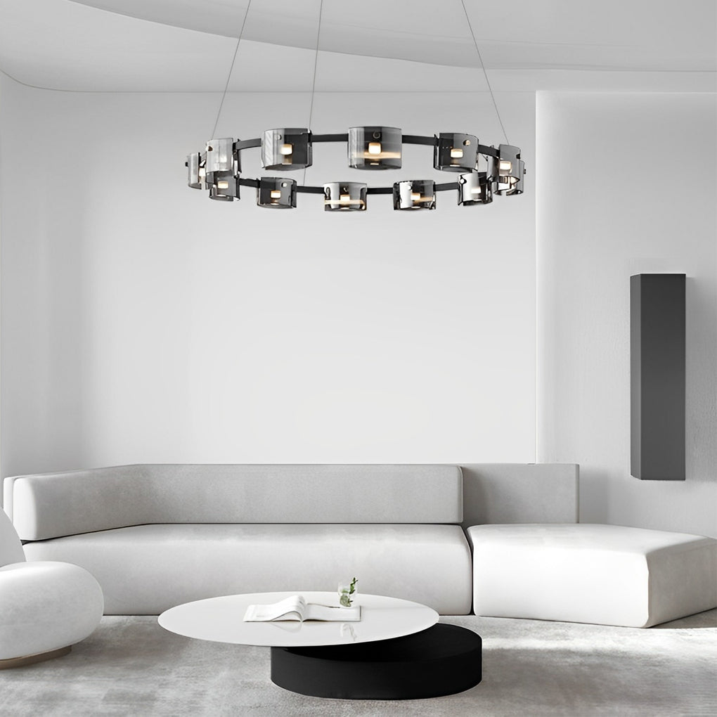 Modern Nordic Round Glass LED Chandelier Stepless Dimmable Ceiling Pendant Light with Remote