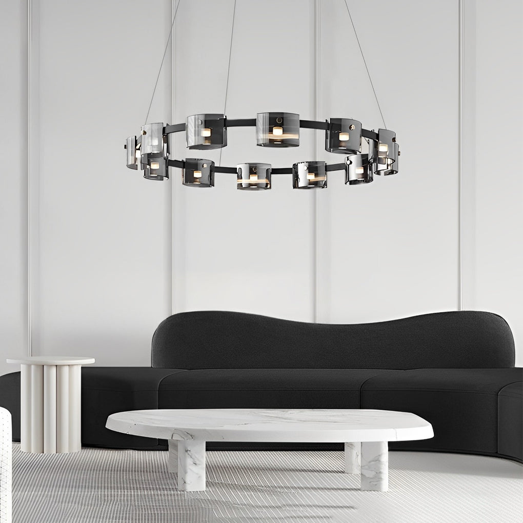 Modern Nordic Round Glass LED Chandelier Stepless Dimmable Ceiling Pendant Light with Remote