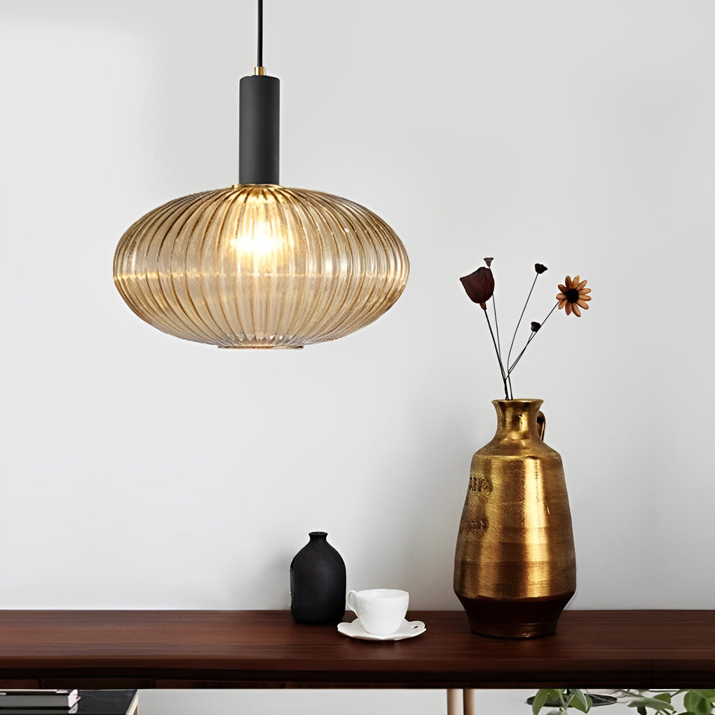 Modern Nordic Striped Glass Lantern Pendant Light Creative LED Hanging Chandelier for Dining Room