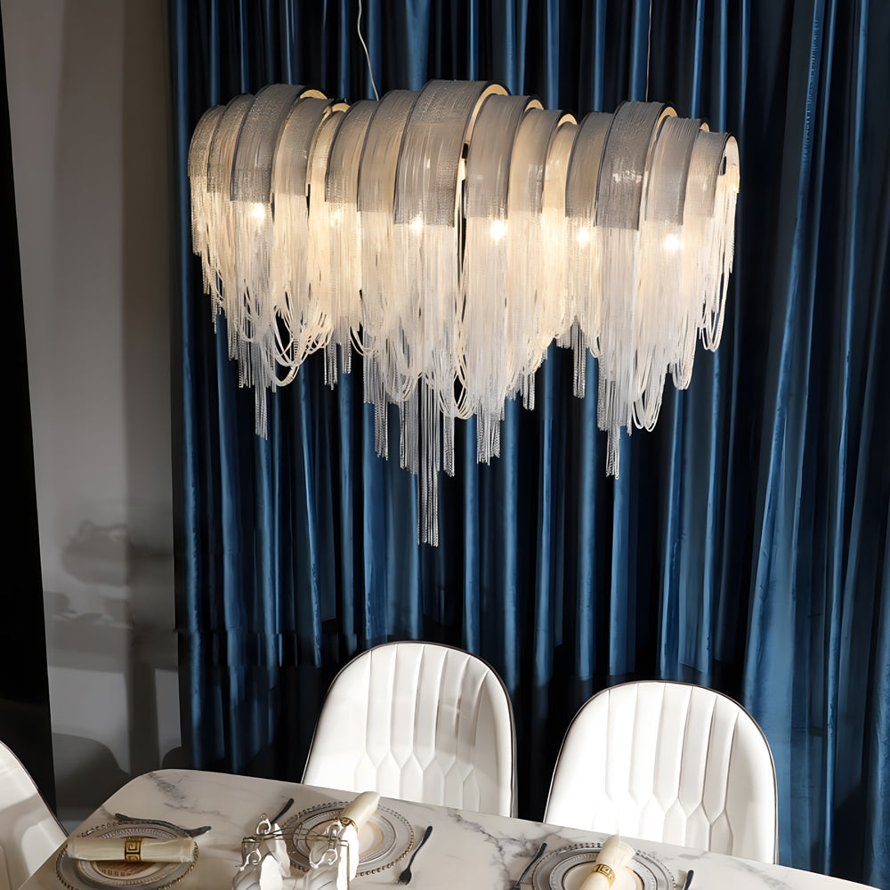 Modern Nordic Wavy Aluminum Chain Tassel Chandelier Artistic 3 Step Dimming Pendant Light Gold Silver