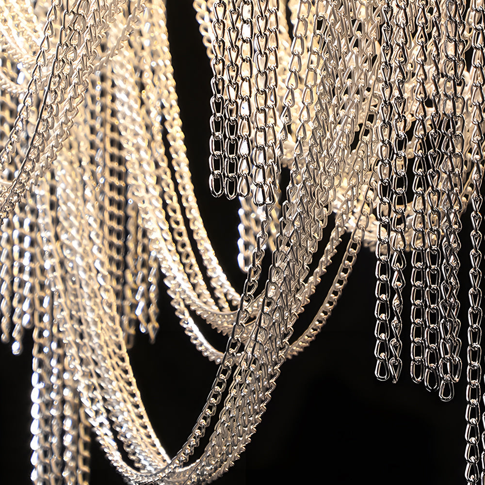 Modern Nordic Wavy Aluminum Chain Tassel Chandelier Artistic 3 Step Dimming Pendant Light Gold Silver