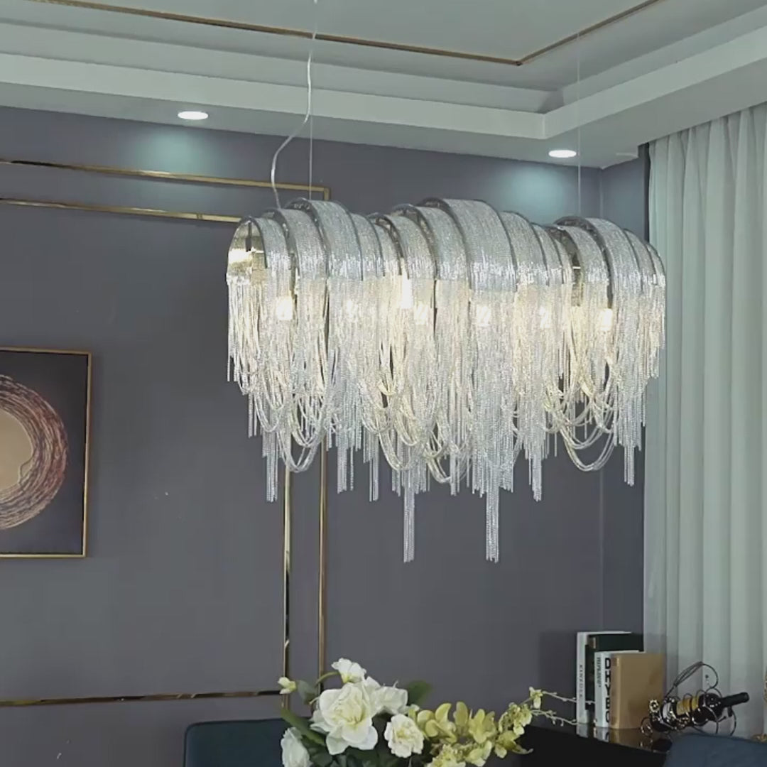 Modern Nordic Wavy Aluminum Chain Tassel Chandelier Artistic 3 Step Dimming Pendant Light Gold Silver