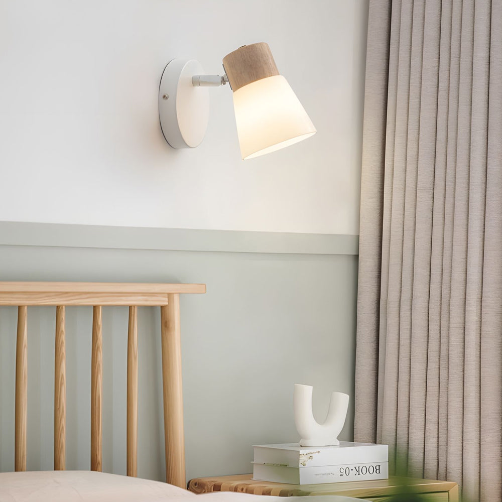 Modern Nordic Wood and Glass Cone Rotatable Wall Sconce in White Finish