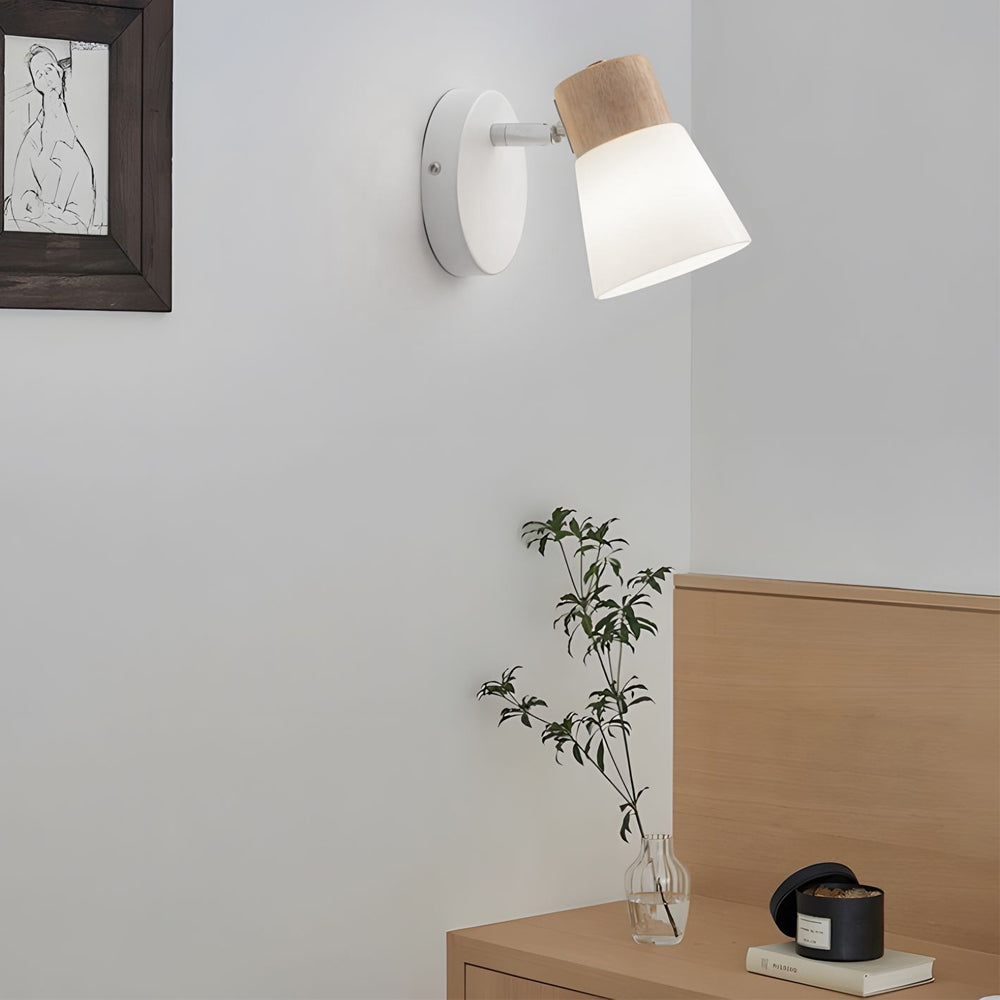 Modern Nordic Wood and Glass Cone Rotatable Wall Sconce in White Finish
