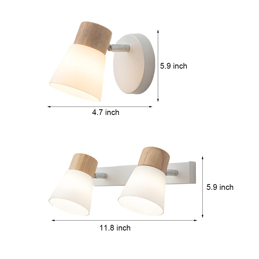 Modern Nordic Wood and Glass Cone Rotatable Wall Sconce in White Finish