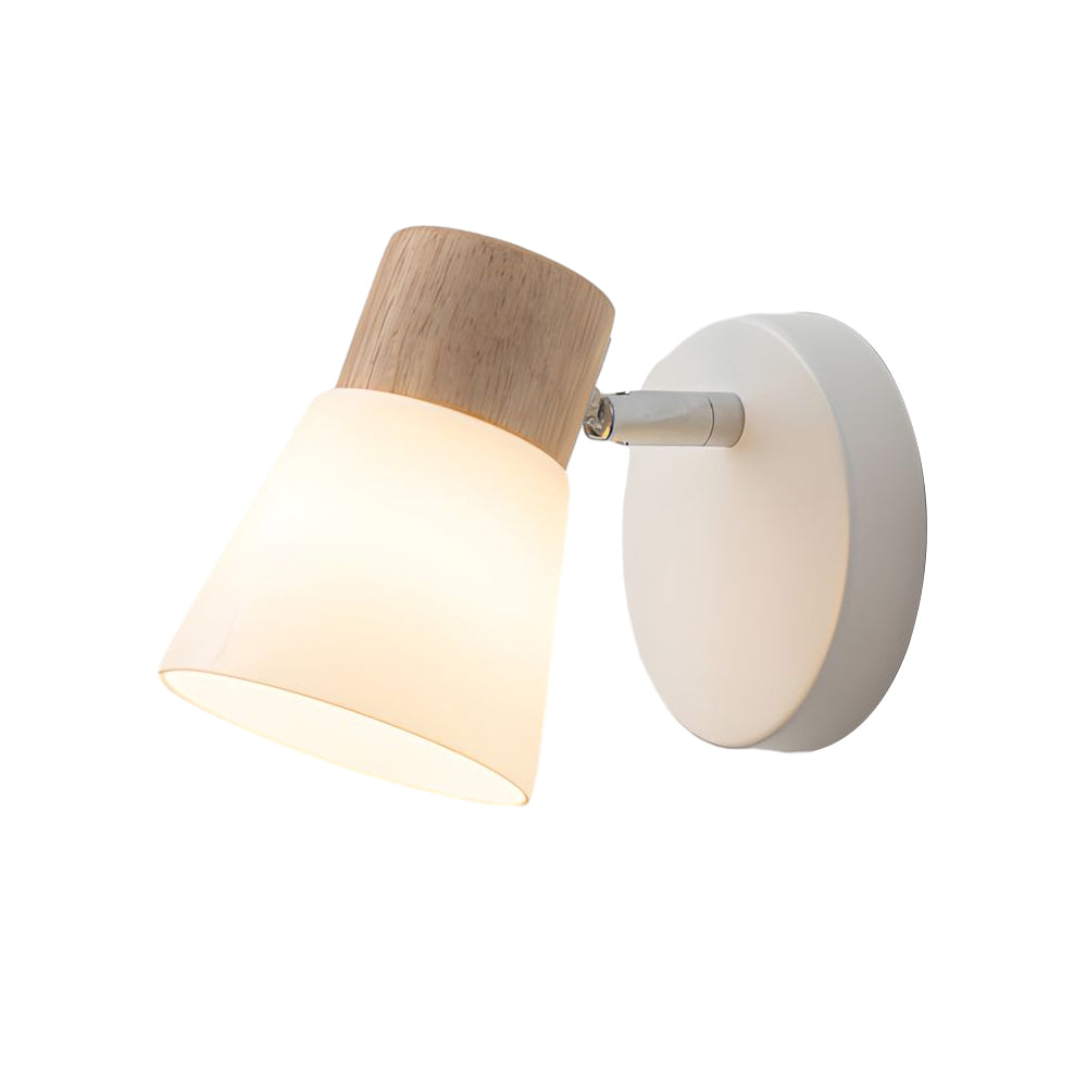 Modern Nordic Wood and Glass Cone Rotatable Wall Sconce in White Finish