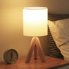Modern Nordic Wood Tripod Table Lamp with White Linen Drum Shade for Bedroom and Nightstand 15 Inch