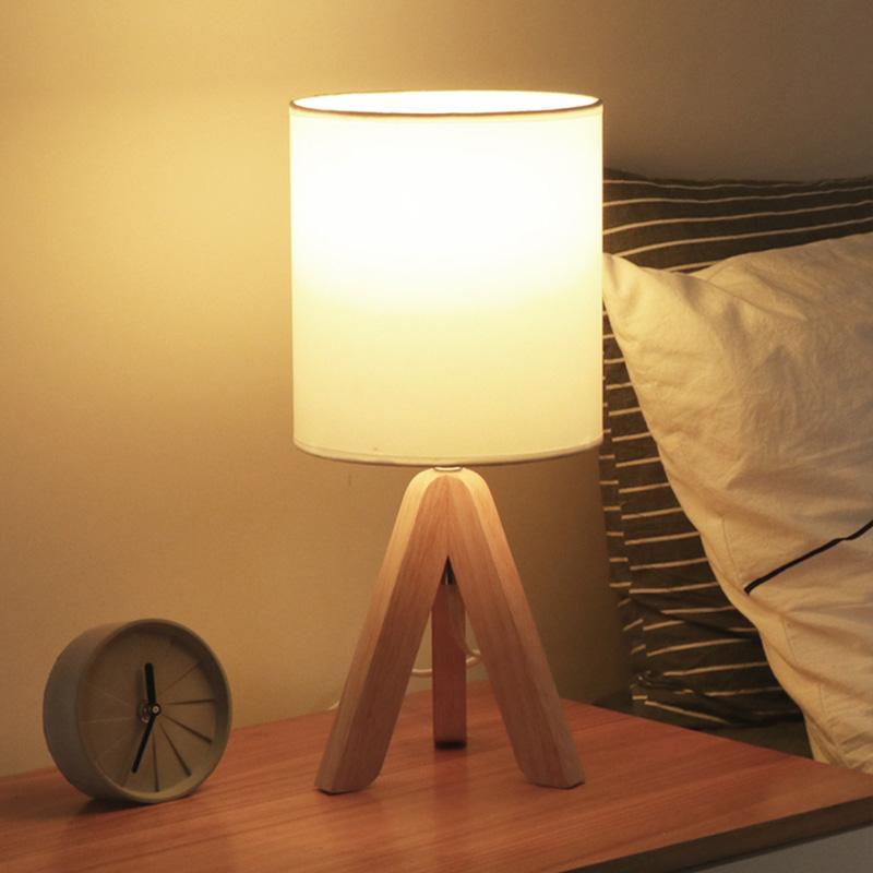 Modern Nordic Wood Tripod Table Lamp with White Linen Drum Shade for Bedroom and Nightstand 15 Inch
