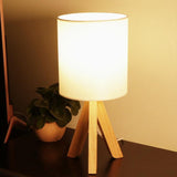Modern Nordic Wood Tripod Table Lamp with White Linen Drum Shade for Bedroom and Nightstand 15 Inch