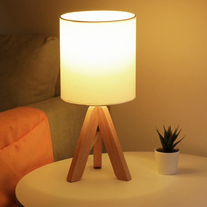 Modern Nordic Wood Tripod Table Lamp with White Linen Drum Shade for Bedroom and Nightstand 15 Inch