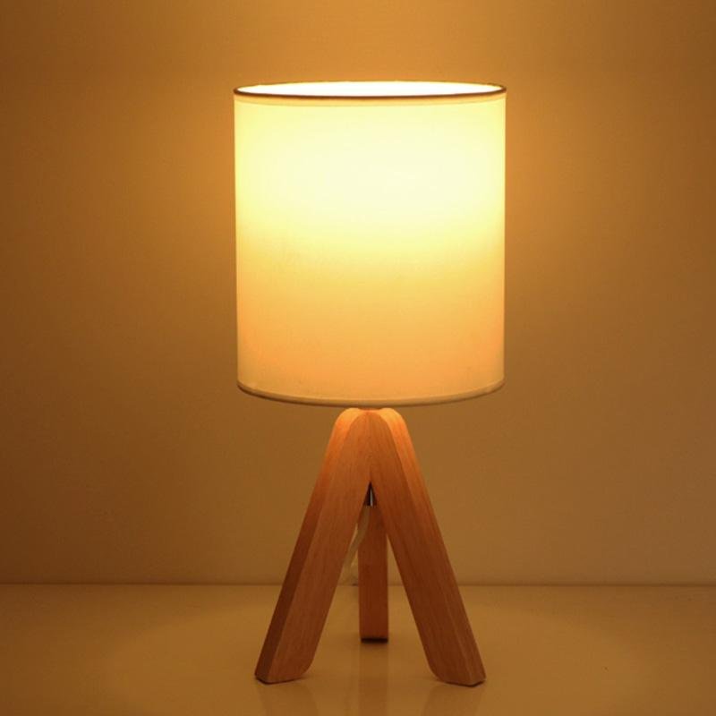 Modern Nordic Wood Tripod Table Lamp with White Linen Drum Shade for Bedroom and Nightstand 15 Inch