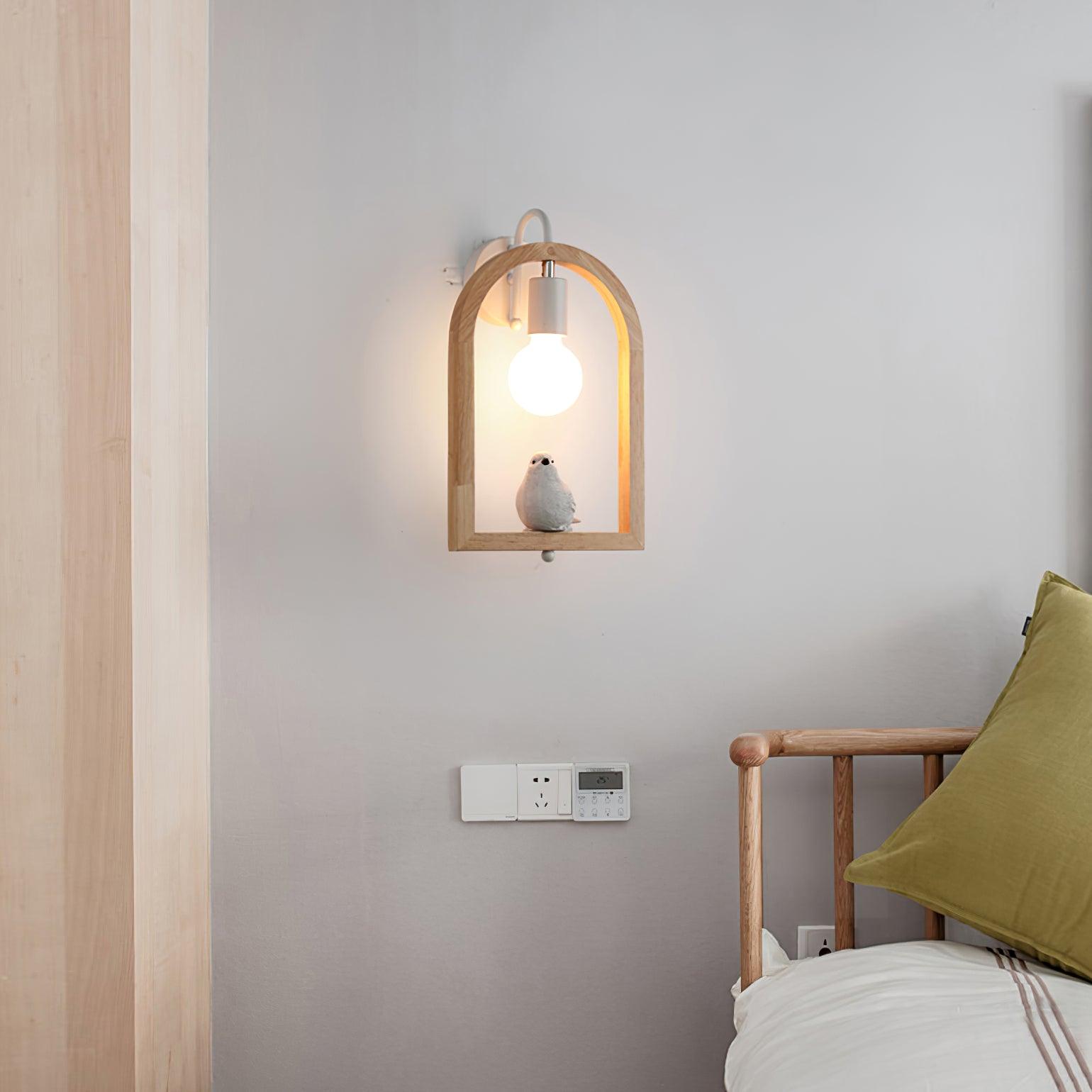 Modern Oak Wood and Resin Bird Wall Light Decorative LED Sconce Pair