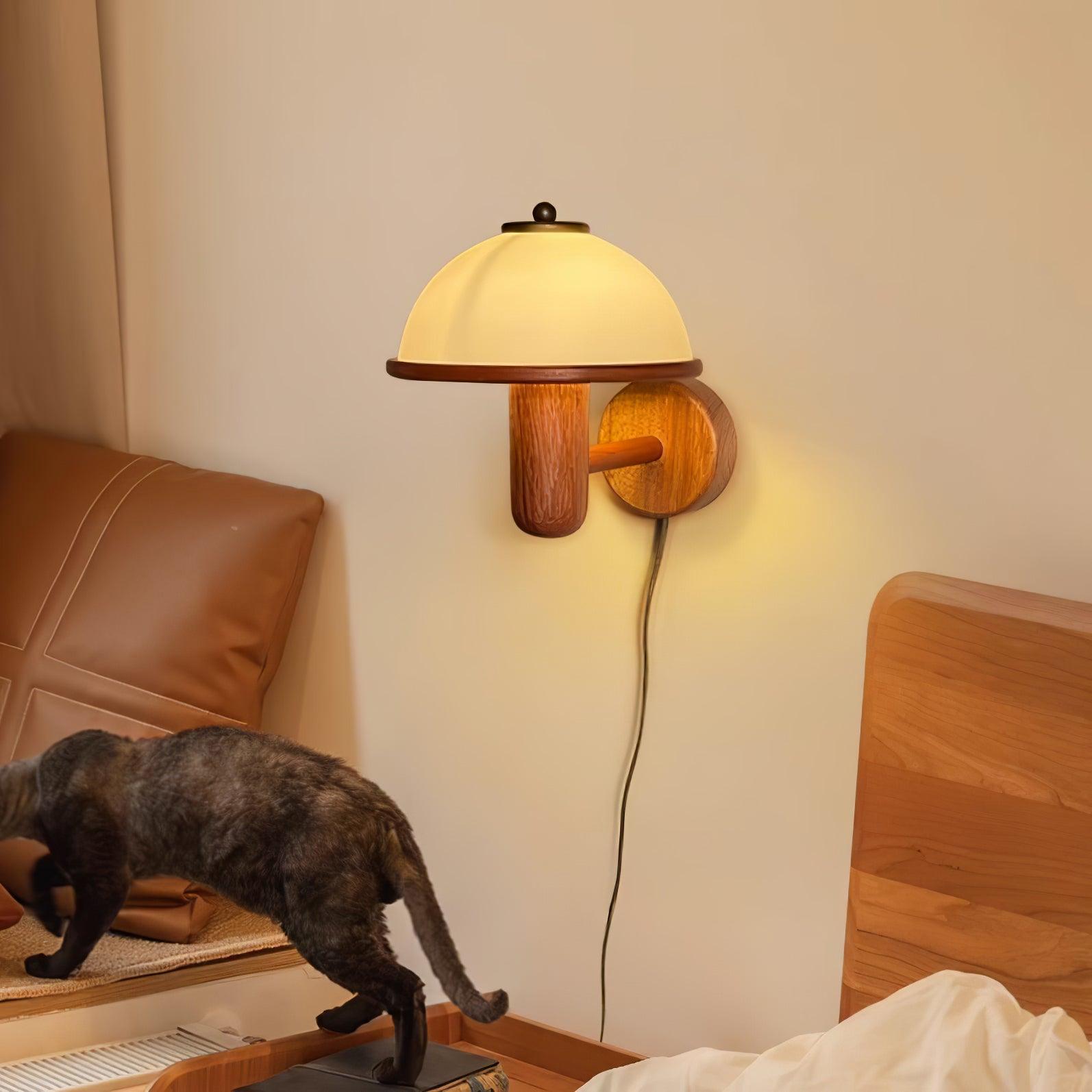 Modern Oak Wood Mushroom Wall Sconce with White Diffuser Shade for Indoor Lighting