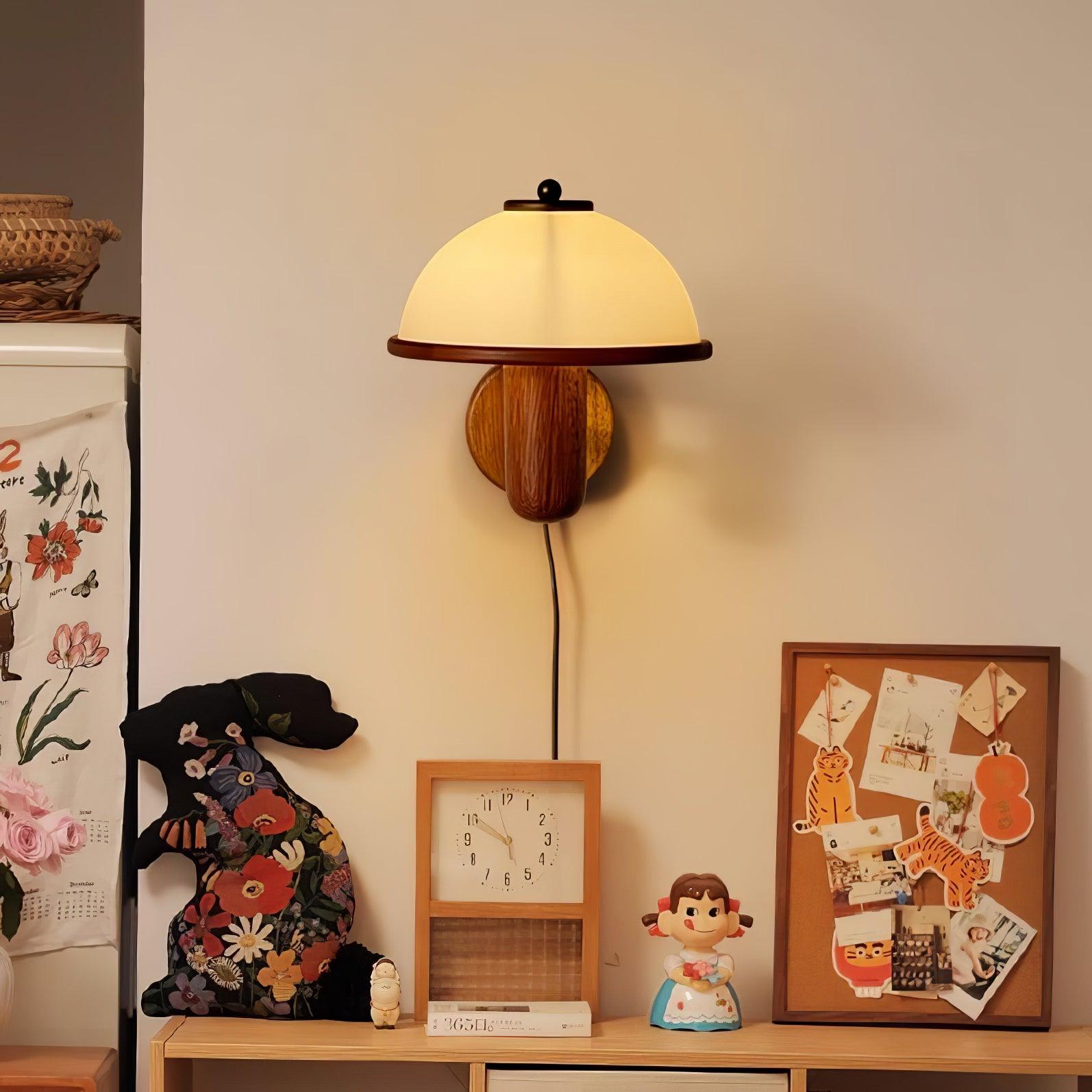 Modern Oak Wood Mushroom Wall Sconce with White Diffuser Shade for Indoor Lighting
