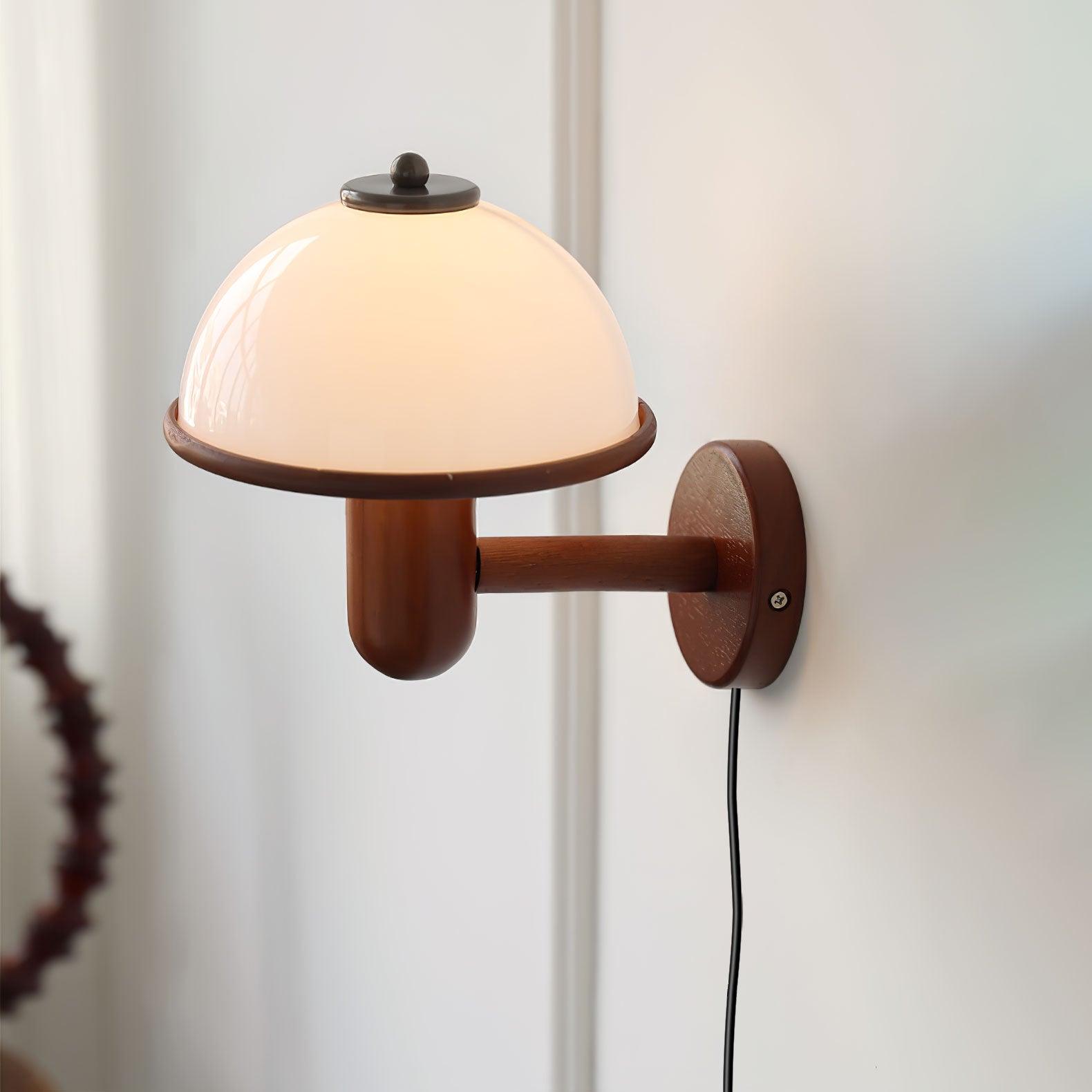 Modern Oak Wood Mushroom Wall Sconce with White Diffuser Shade for Indoor Lighting
