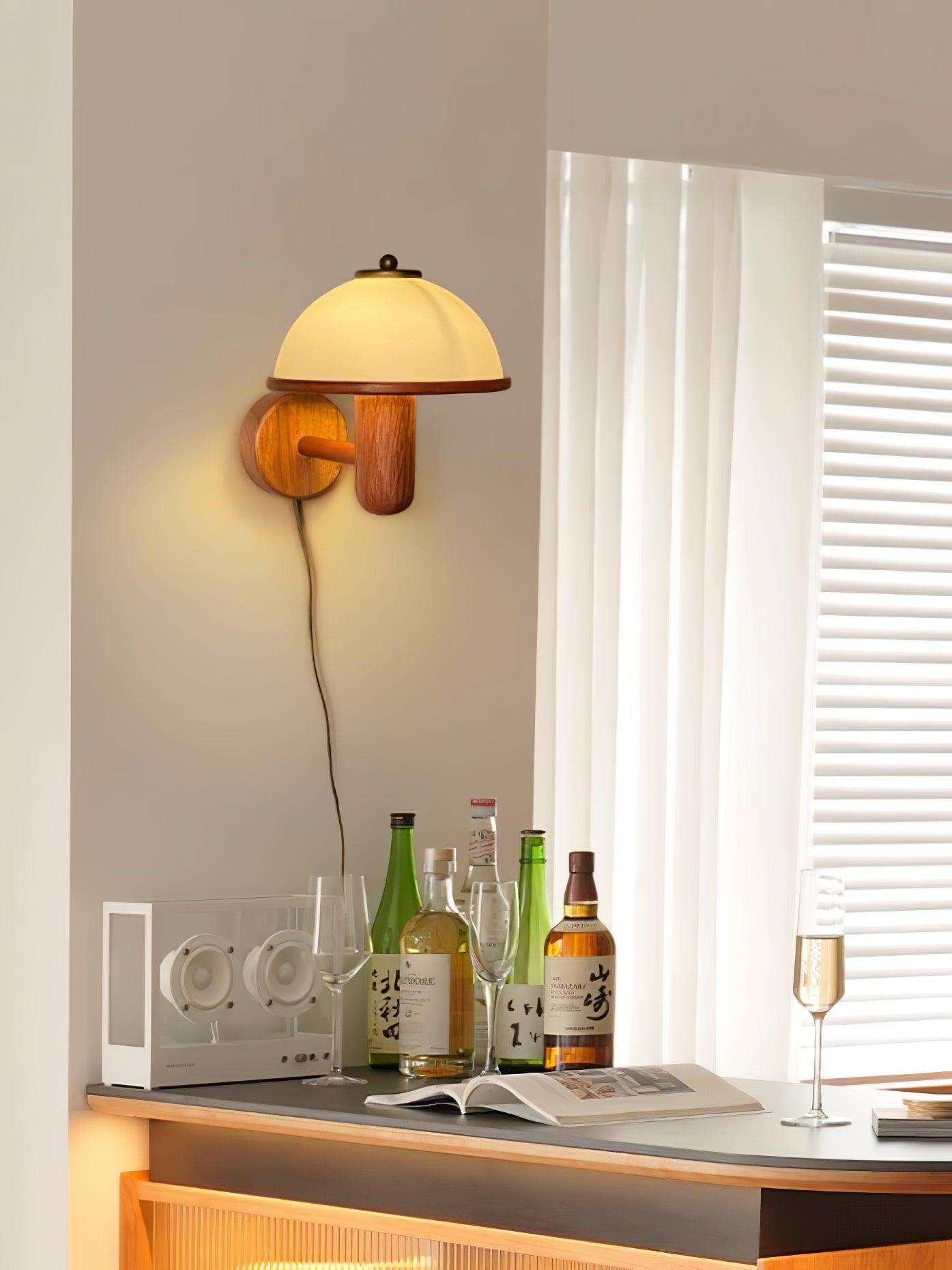 Modern Oak Wood Mushroom Wall Sconce with White Diffuser Shade for Indoor Lighting