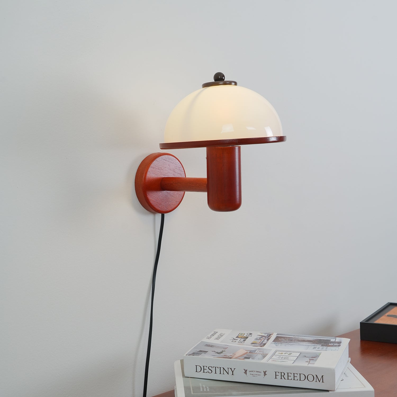 Modern Oak Wood Mushroom Wall Sconce with White Diffuser Shade for Indoor Lighting