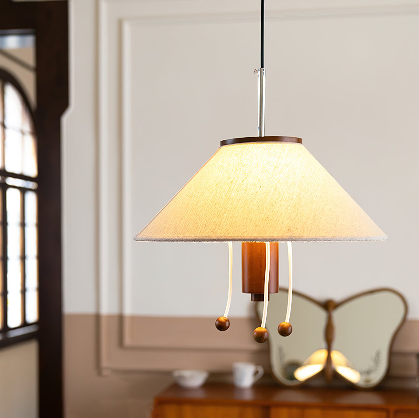 Modern Octopus Organic Shaped Pendant Light with Wood Accents and Fabric Shade