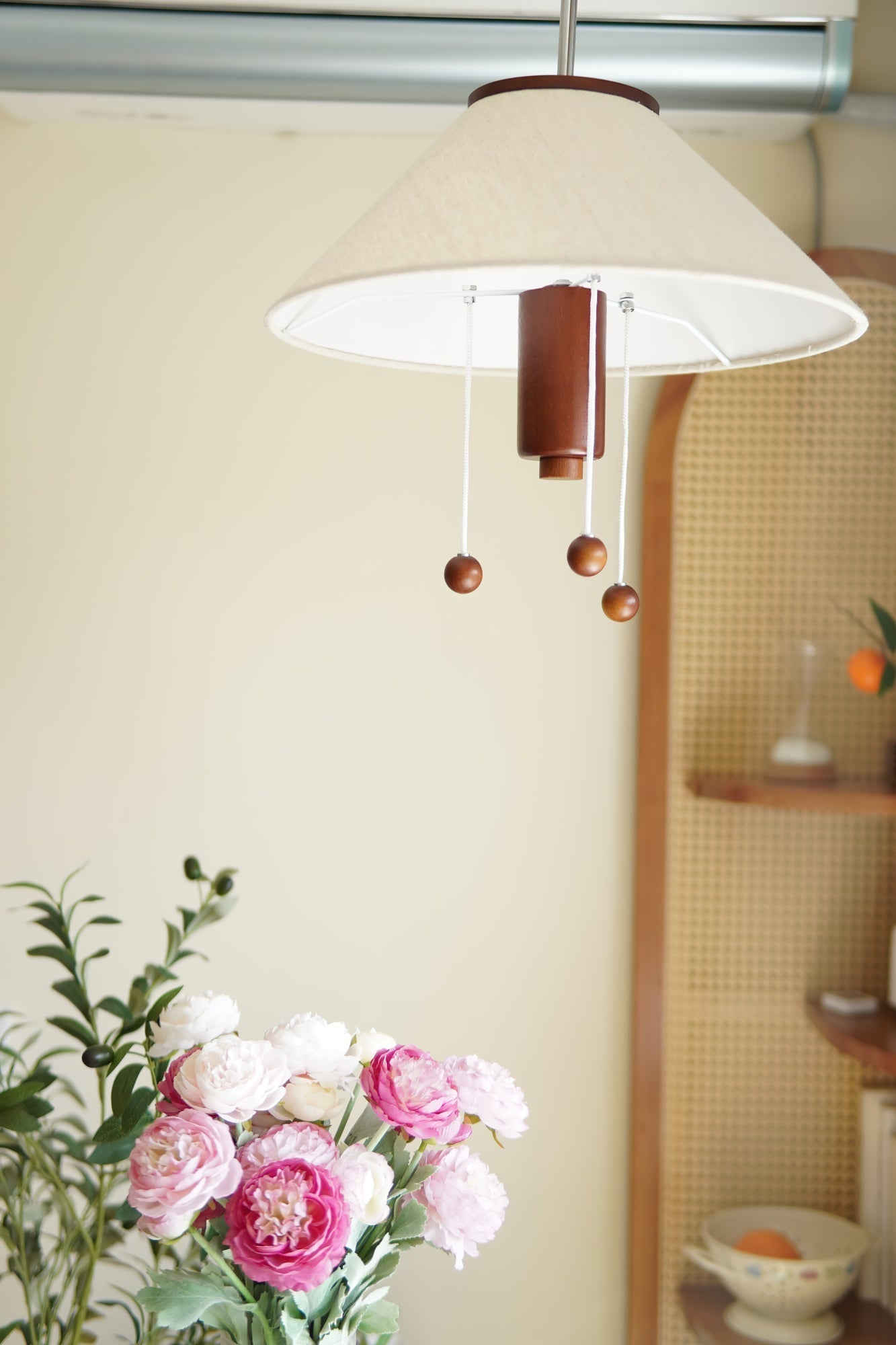 Modern Octopus Organic Shaped Pendant Light with Wood Accents and Fabric Shade
