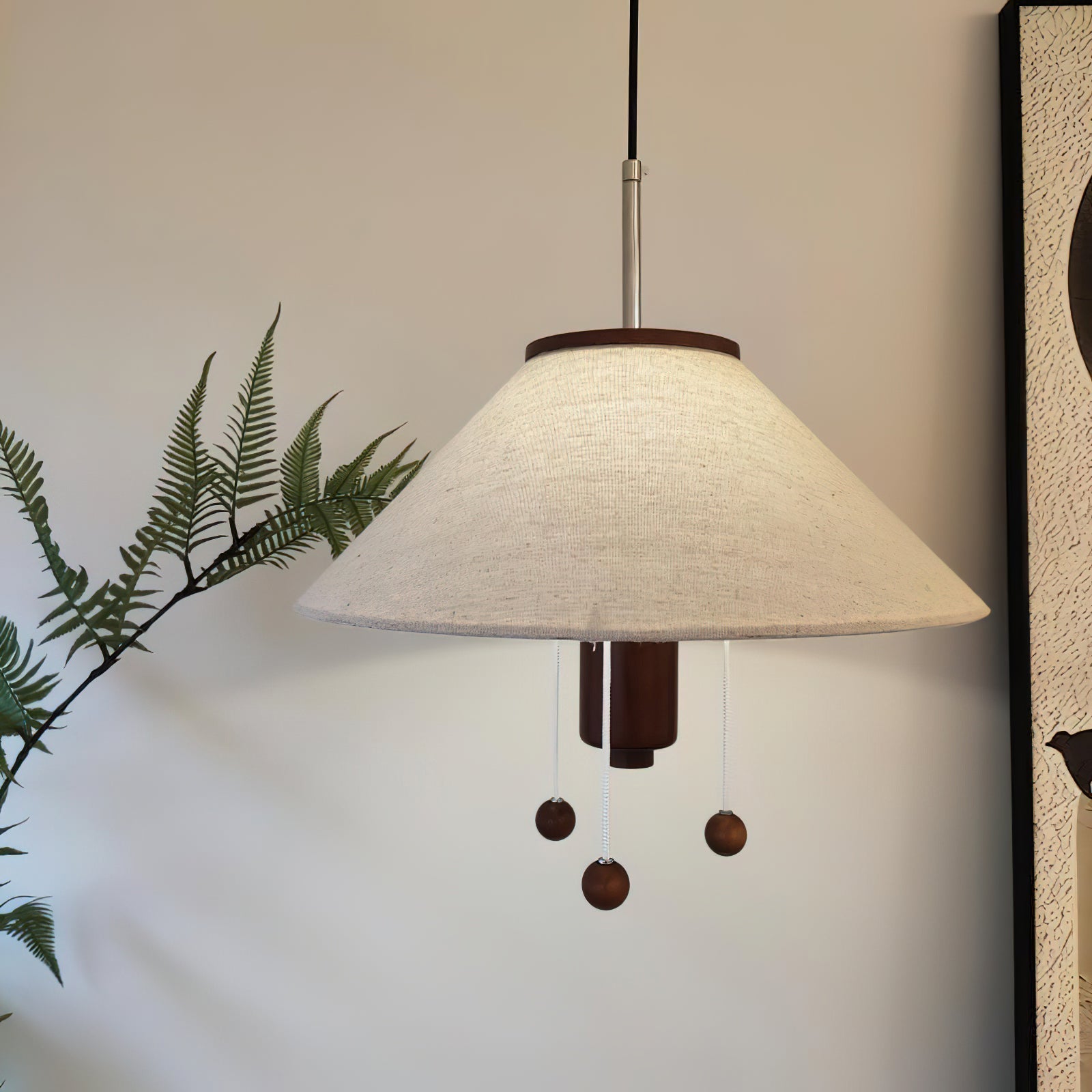 Modern Octopus Organic Shaped Pendant Light with Wood Accents and Fabric Shade