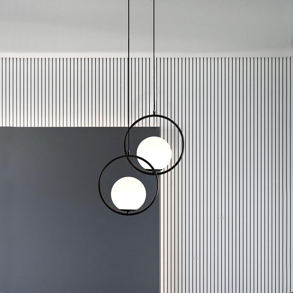 Modern Opal Glass Globe Pendant Light with Metal Ring Frame for Living Room and Bedroom
